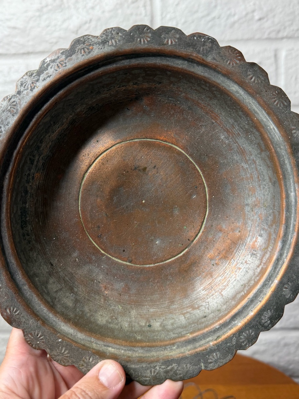 Vintage Scalloped Brass Copper Bowl Handmade Hammered Wall Patina Old World